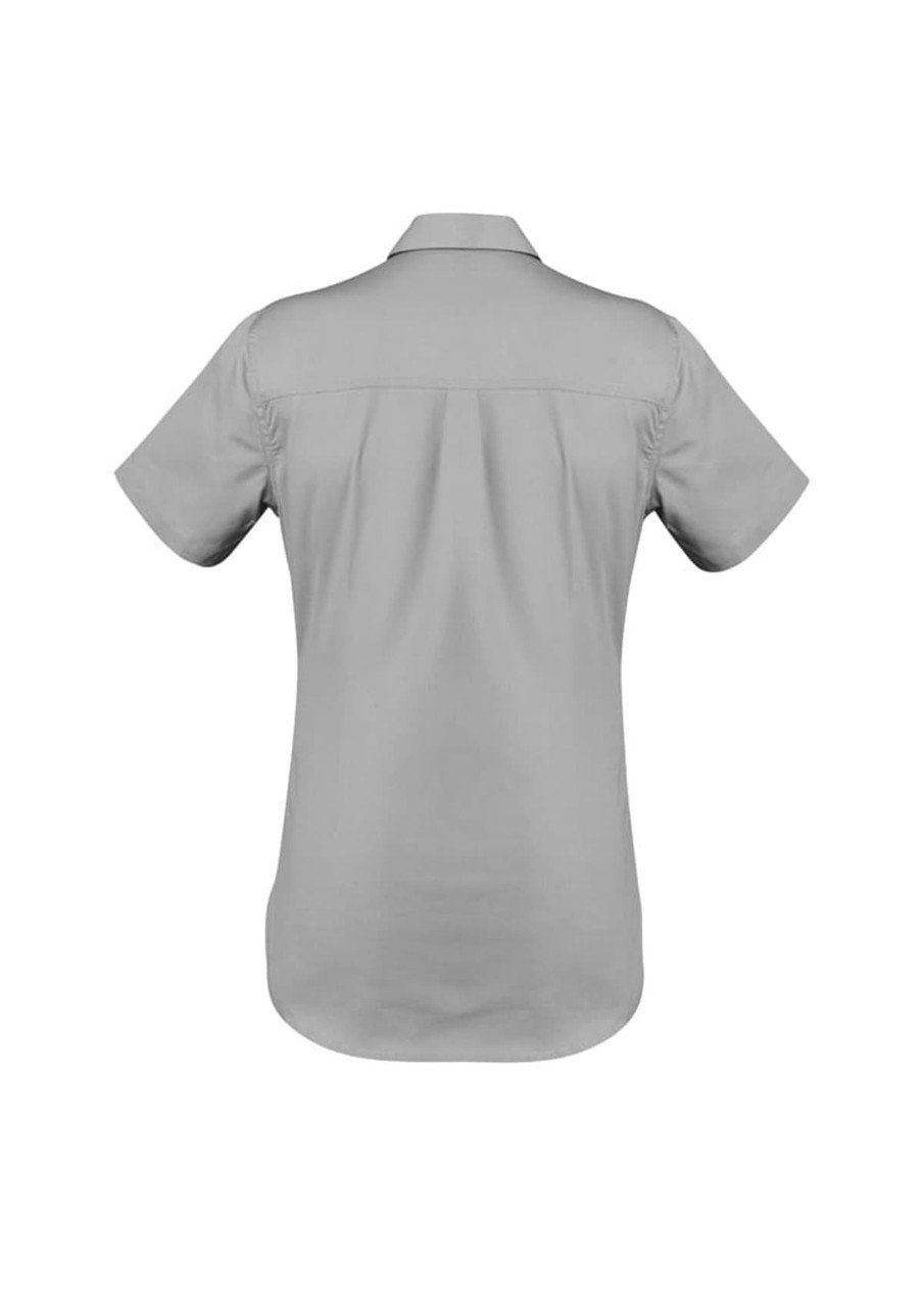 A lightweight grey short sleeve shirt designed for women, featuring a classic collar and back yoke. Includes a logo.