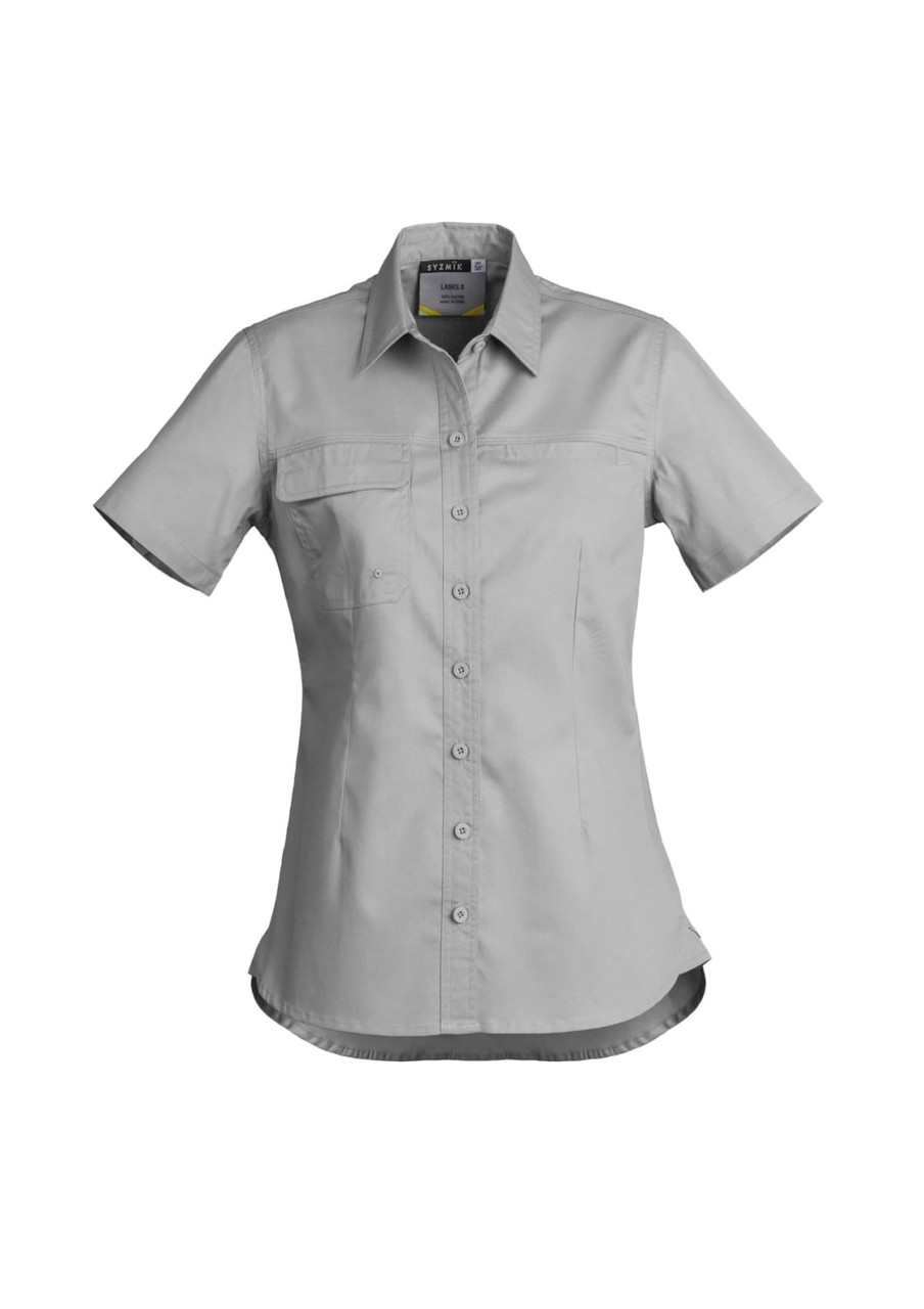 A women's lightweight short sleeve shirt in light grey, featuring a collar, buttons, and two front pockets.