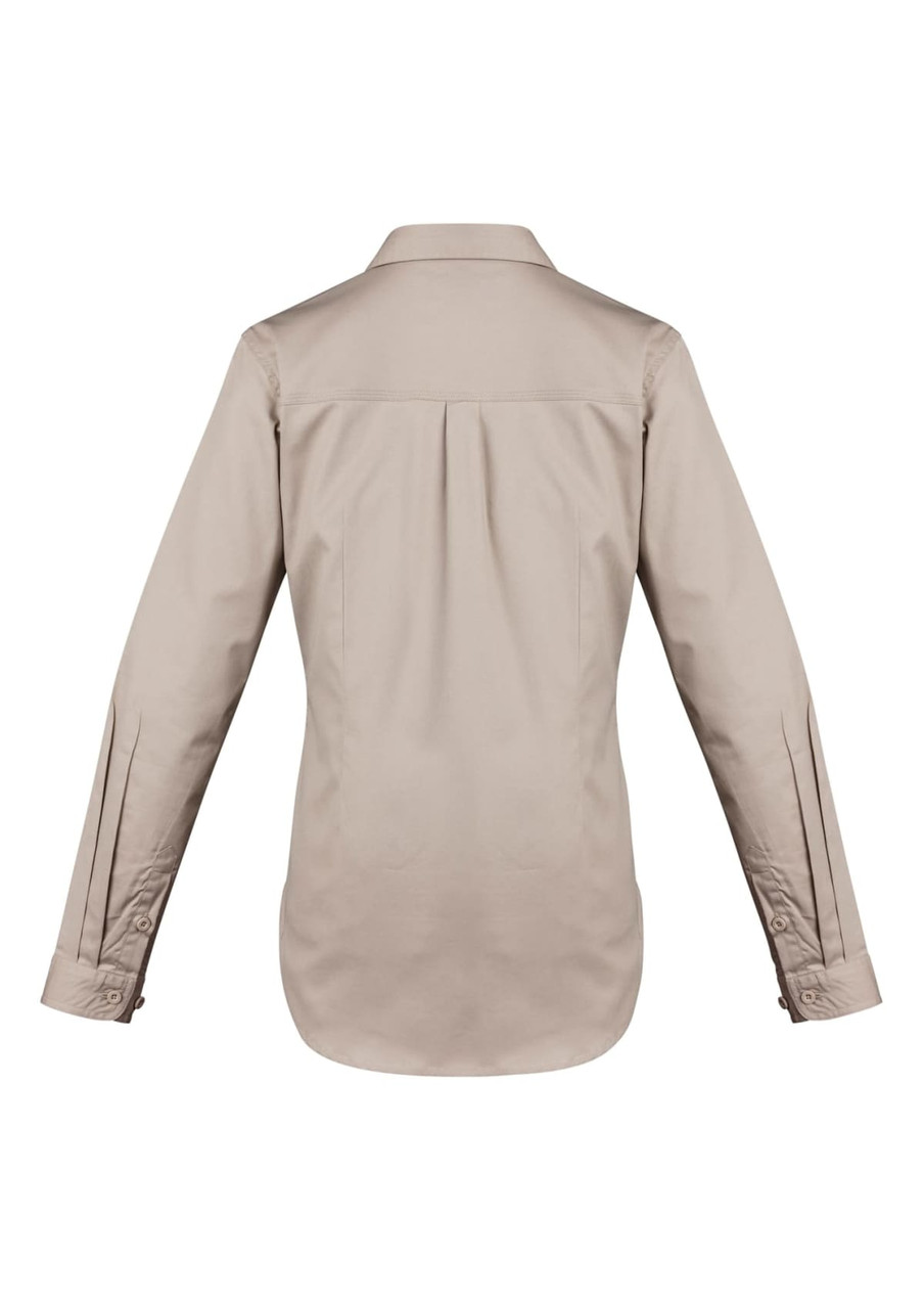 A women's lightweight long sleeve shirt in beige, featuring a back pleat and buttoned sleeves. It has a logo on the collar.