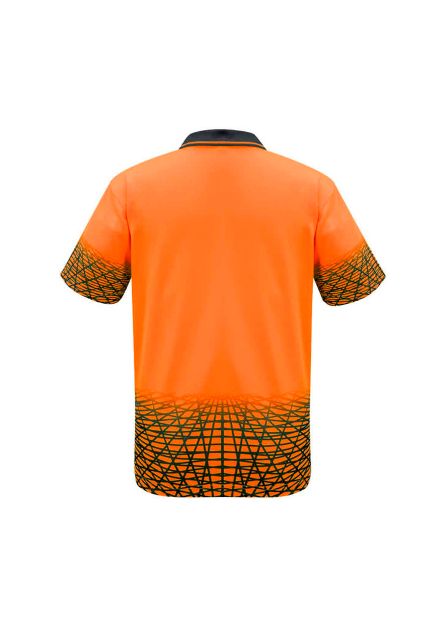 An orange short sleeve polo with a patterned black bottom and a collar, featuring a logo.