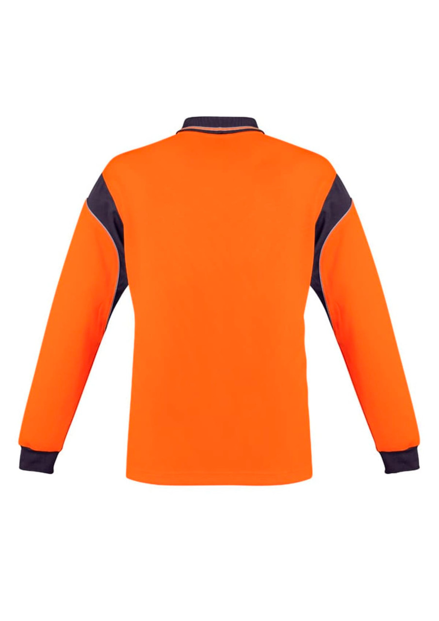 A long sleeve polo shirt in bright orange and navy, featuring a collar and arm detailing. It includes a logo.