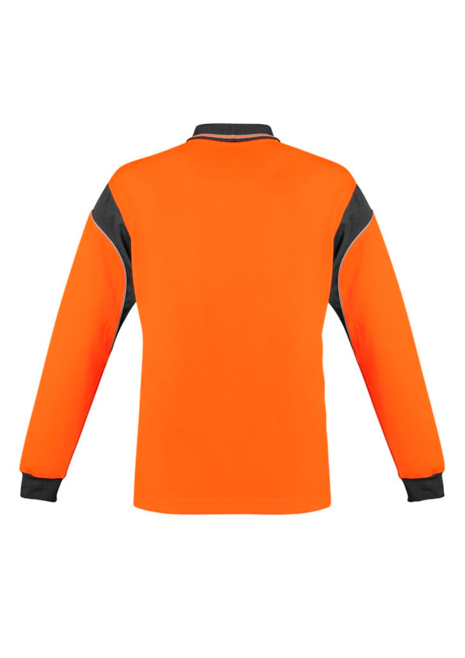 An orange long sleeve polo shirt featuring grey accents and a logo on the chest.
