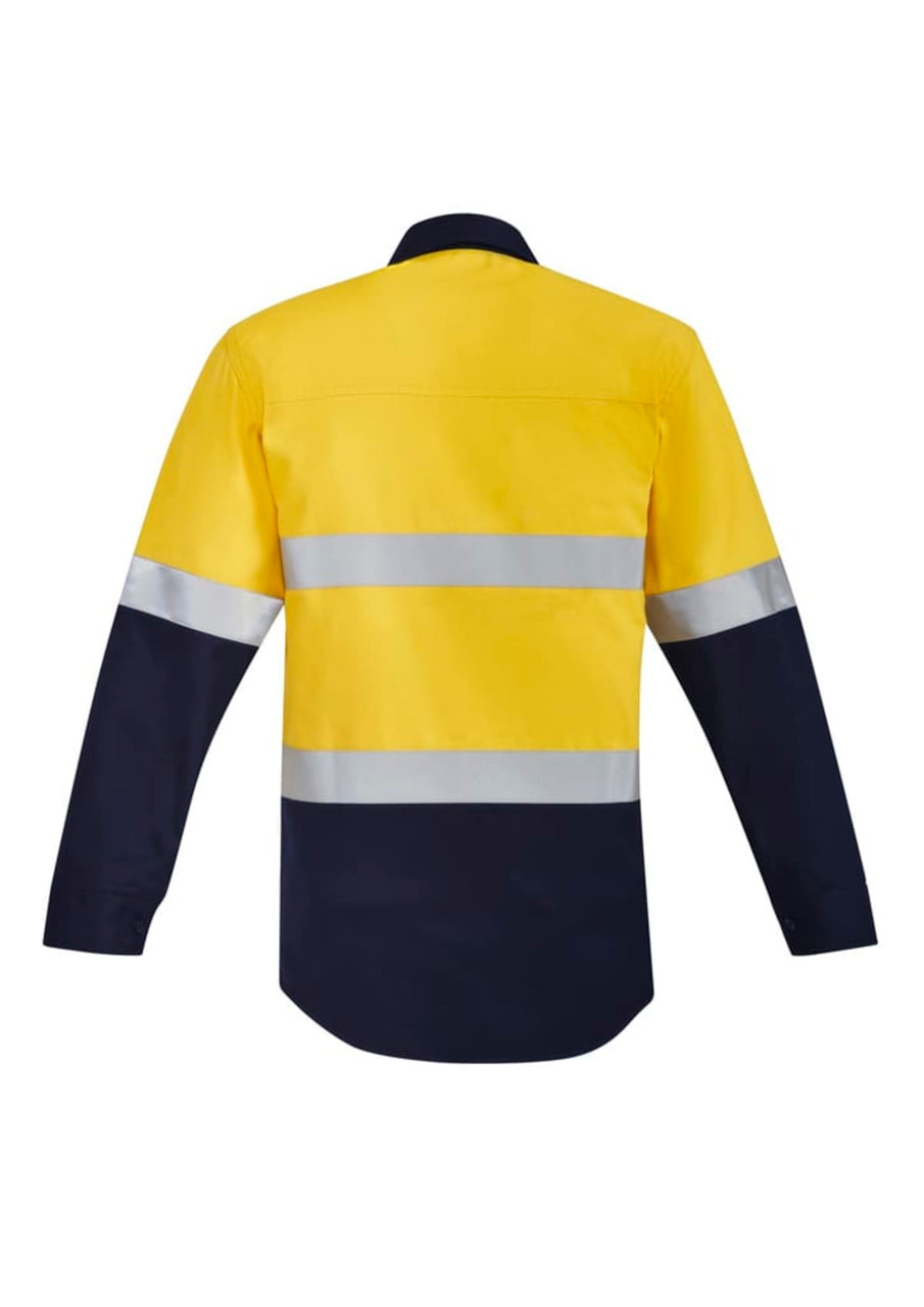 Hi-vis work shirt in orange and navy blue with hoop-taped reflective strips. Features a spliced open front design.