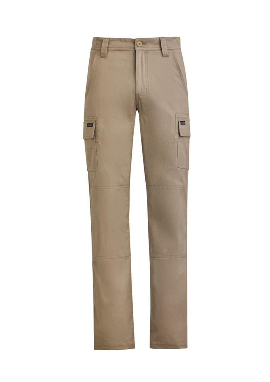Light brown lightweight drill cargo pants featuring multiple side pockets and a logo on the front.