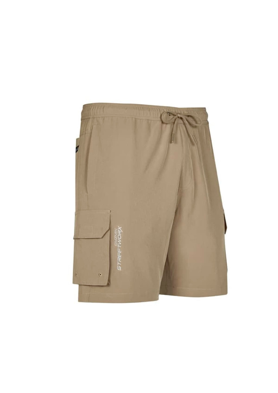 Men's Streetworx board shorts in a khaki colour, featuring cargo pockets and an elastic waistband with a drawstring.