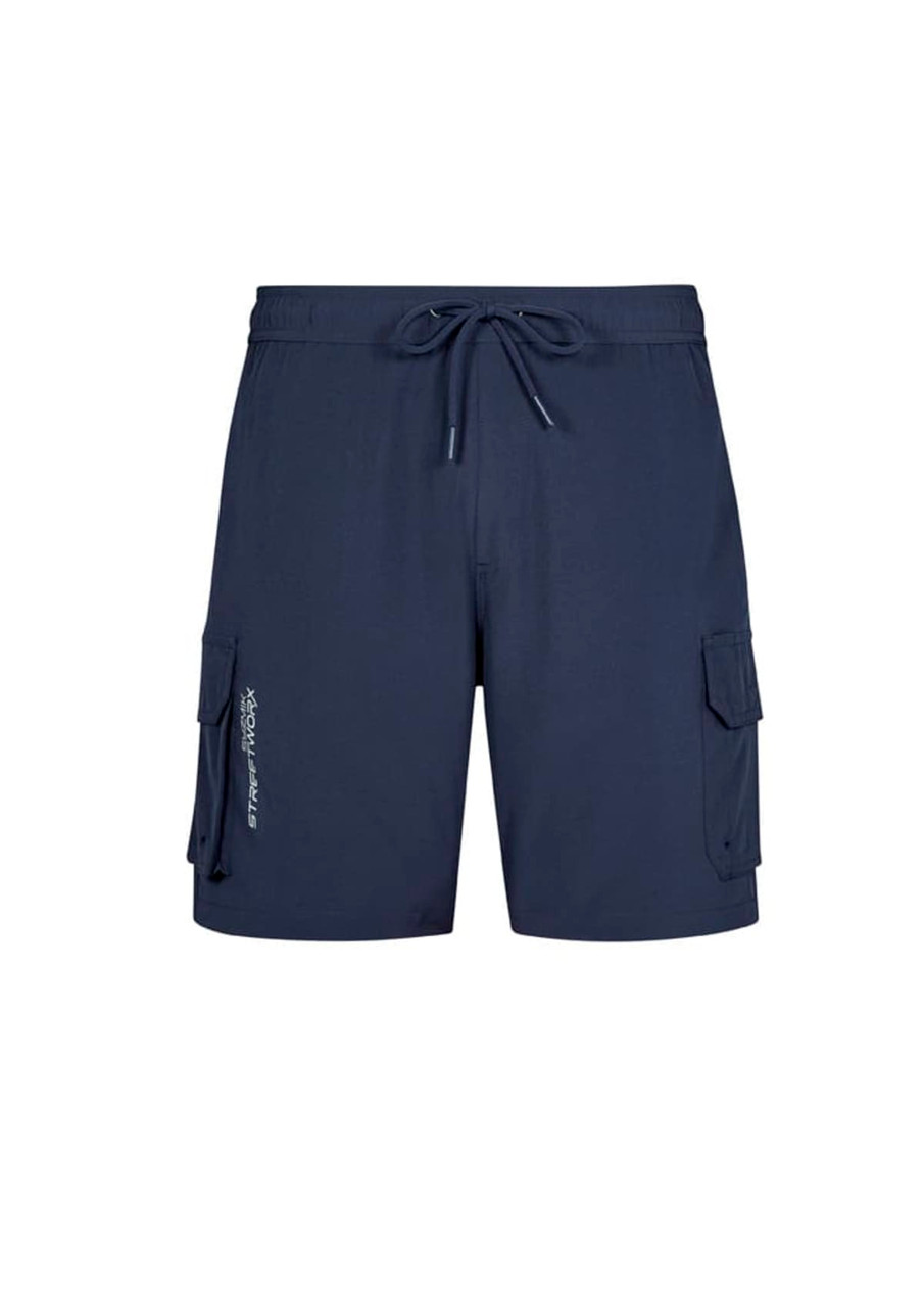 Navy men's board shorts featuring cargo pockets and an elastic waistband with a drawstring. Includes a logo.