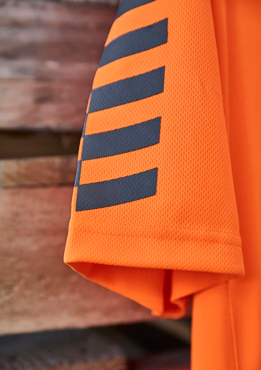 Hi Vis short sleeve polo in bright orange with black detailing and a logo. Suitable for workwear.