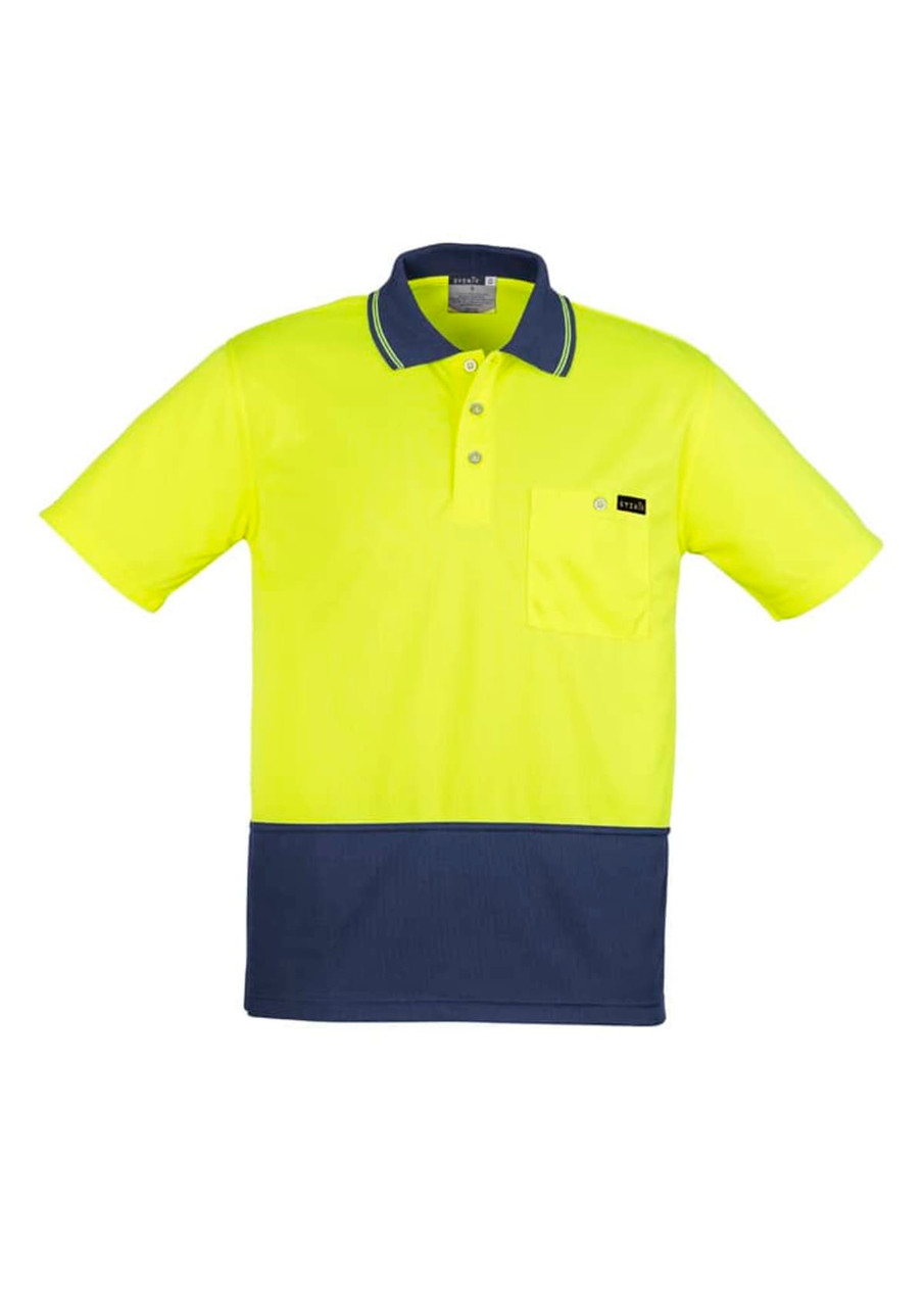 A short sleeve polo shirt in high visibility yellow with a navy blue bottom and one chest pocket. It features a logo.
