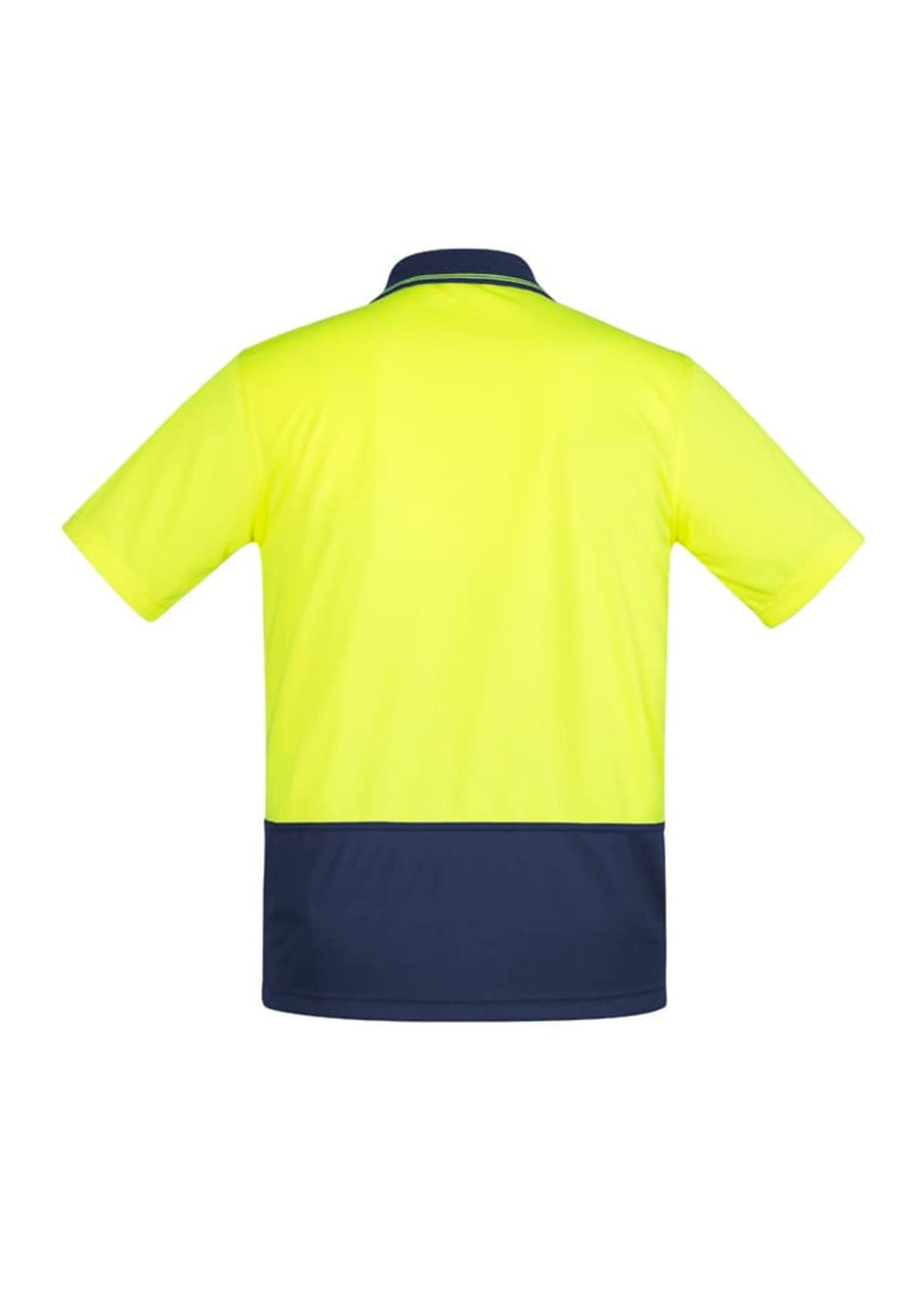 Bright yellow short sleeve polo shirt with a navy blue bottom, featuring a collar and a branding logo.