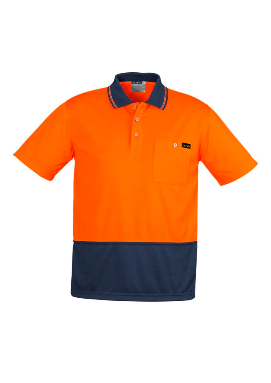 An orange and navy short sleeve polo shirt with a pocket and a logo.