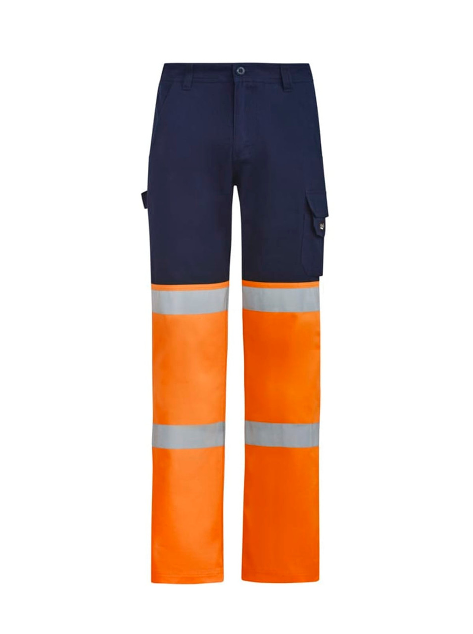 Hi-vis taped pants featuring a navy base with bright orange stripes and reflective tape. Includes cargo pockets.