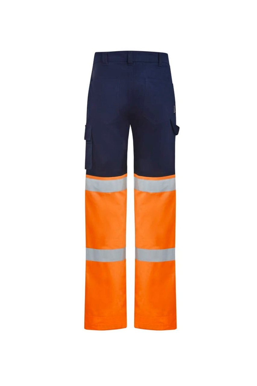 Hi-vis taped work pants in navy and orange with reflective strips and cargo pockets. Features a logo on the back.