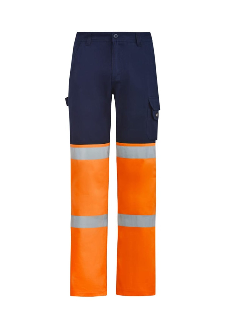 Hi-vis taped pants in navy and orange, featuring reflective strips and pockets, with a logo on the side.