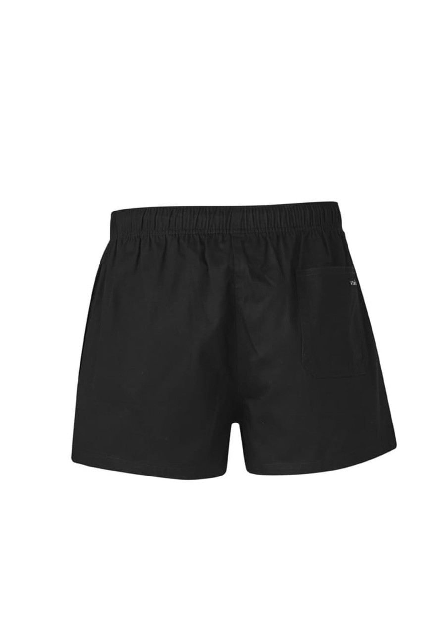 Black men's rugby shorts with an elastic waistband and a single back pocket, featuring a logo.