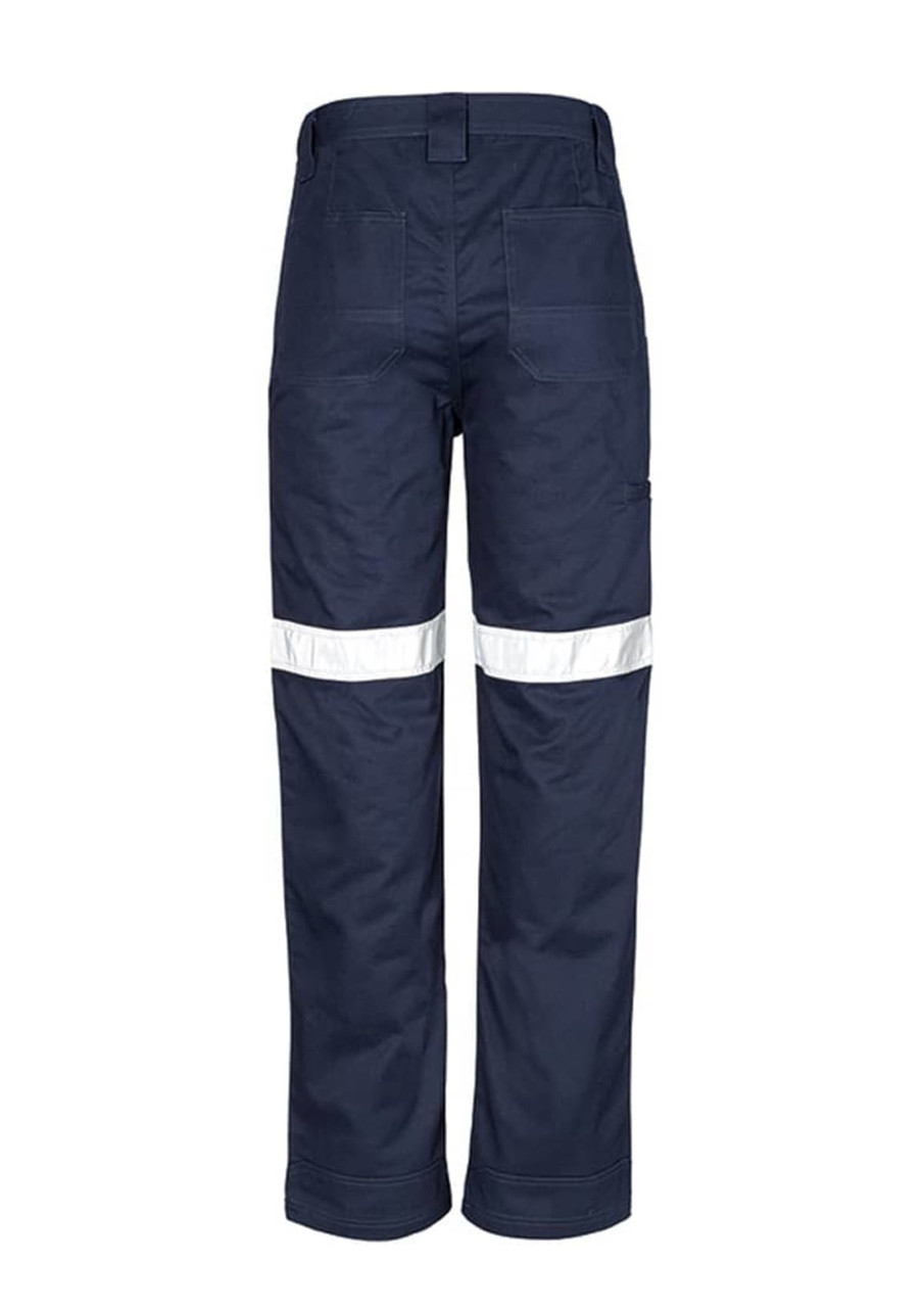 Navy work pants with reflective tape detailing and a back pocket, featuring a logo. Suitable for workwear.
