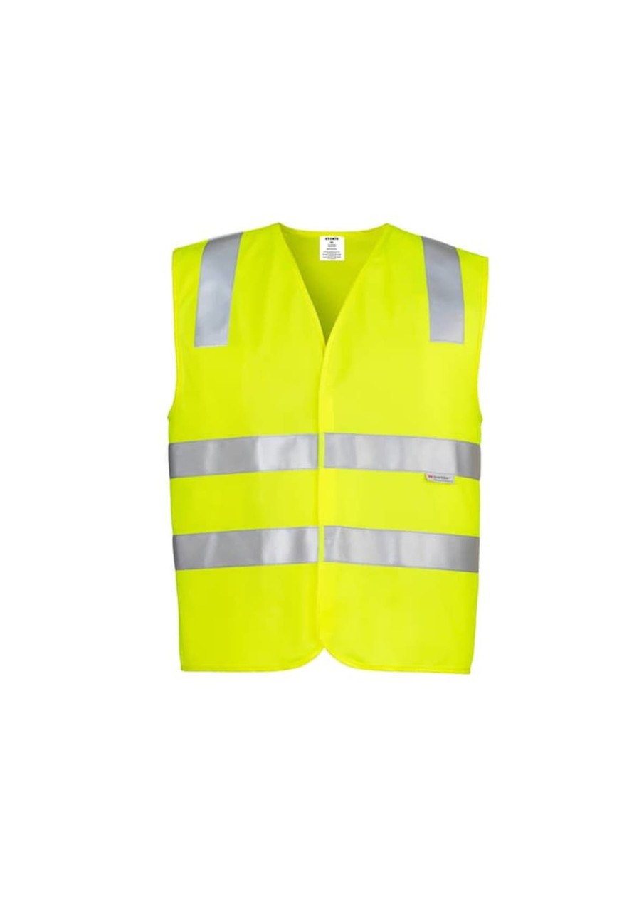 A unisex hi-vis vest in bright yellow with reflective silver stripes, featuring a simple design and no sleeves.