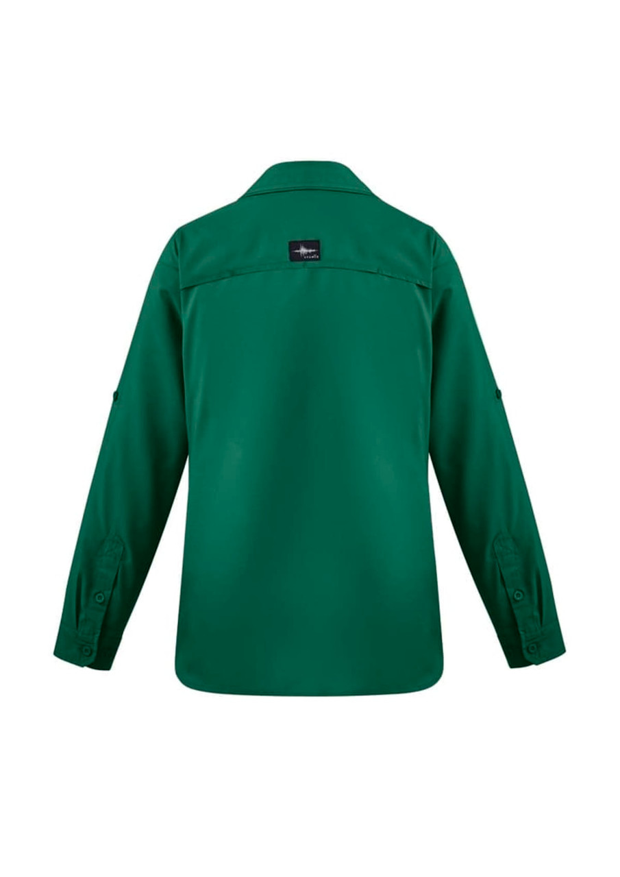A green women's outdoor long sleeve shirt with a button-up design and logo on the back.