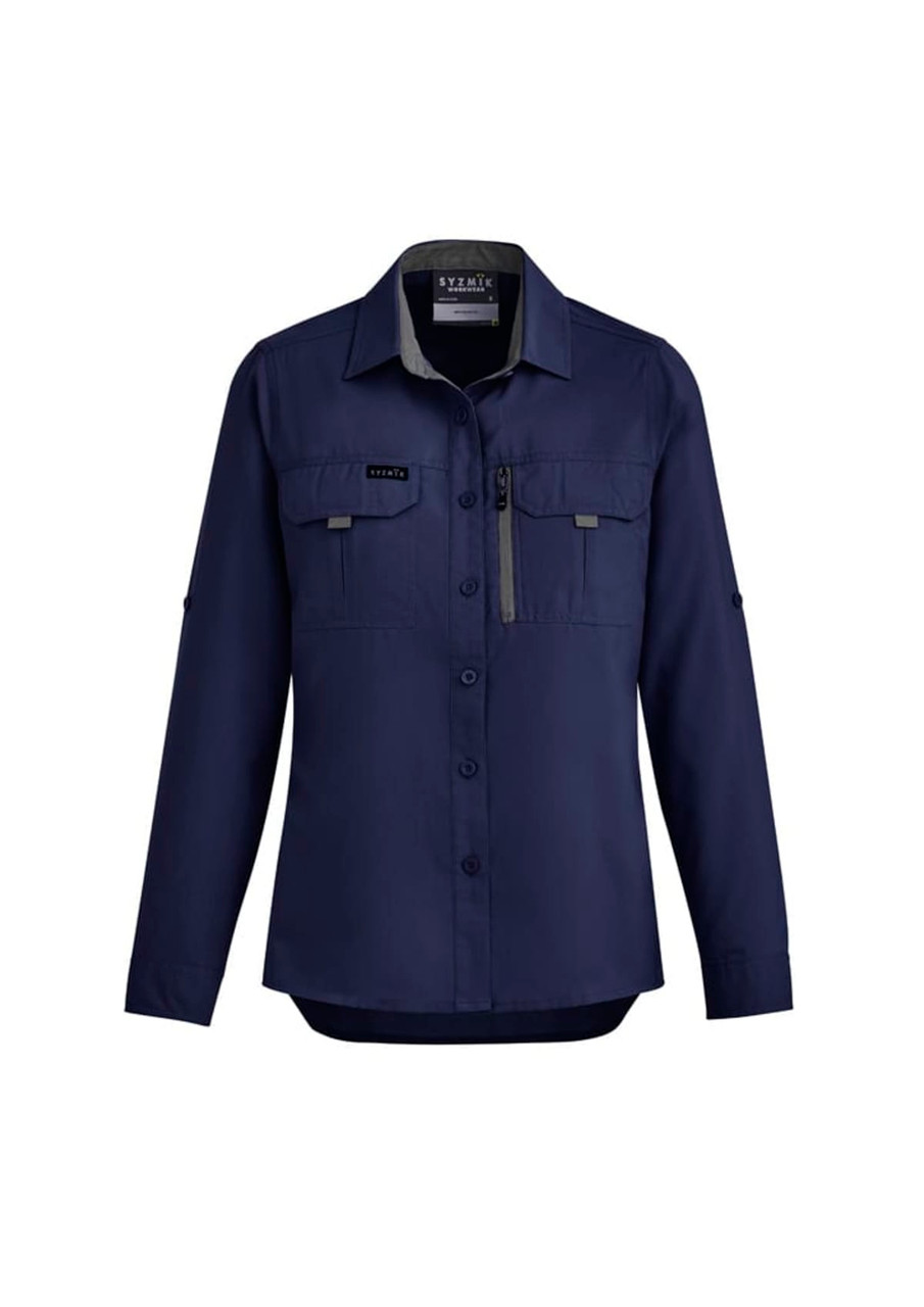 A navy long sleeve women's button-up shirt with two chest pockets and a zip pocket, featuring a logo.