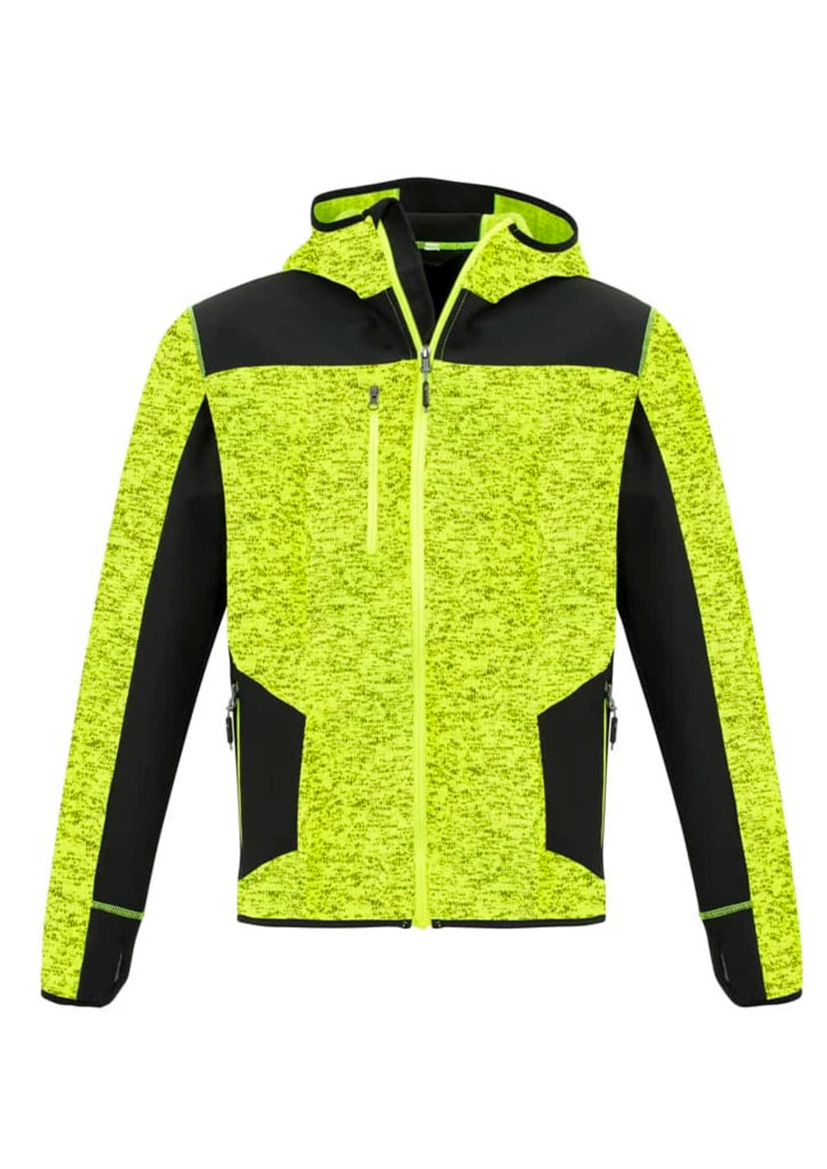 A high-visibility hoodie in neon yellow and black, featuring a zip front and side pockets, with a logo on it.
