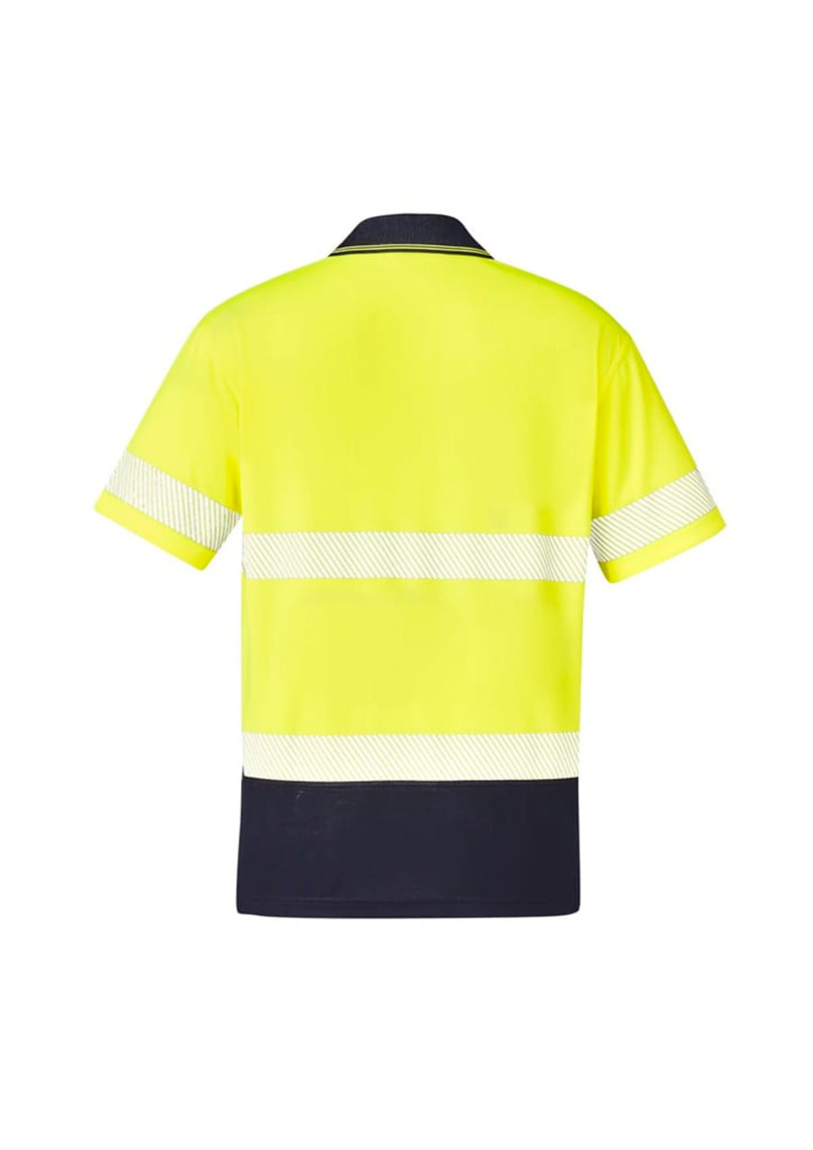 A bright yellow unisex short sleeve polo shirt featuring segmented reflective tape and a navy blue panel.