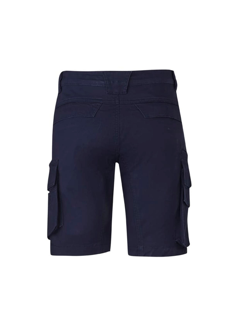Curved cargo shorts in navy, featuring multiple side pockets and a fitted waist. Includes a logo on the back.