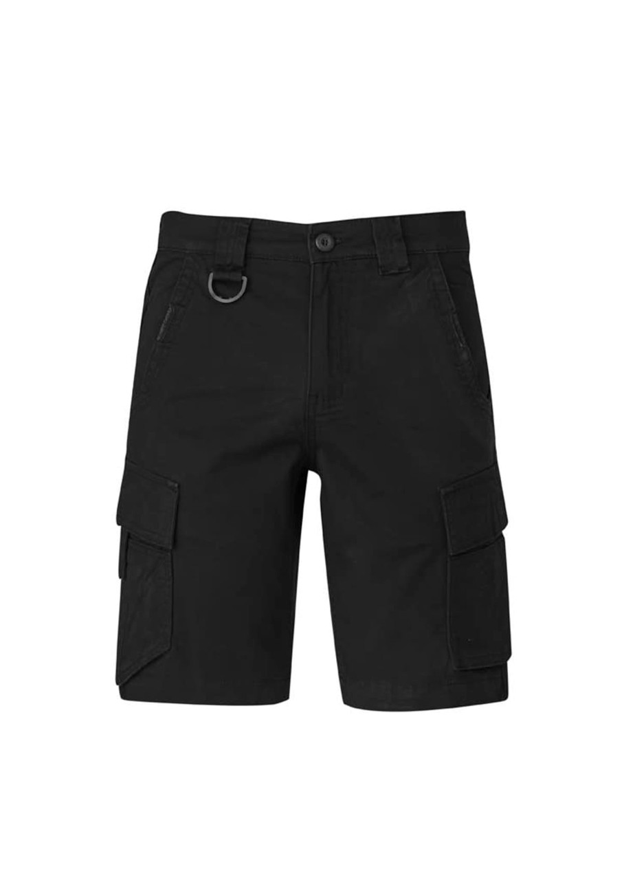 Black cargo shorts featuring multiple pockets and a decorative ring, suitable for casual wear.