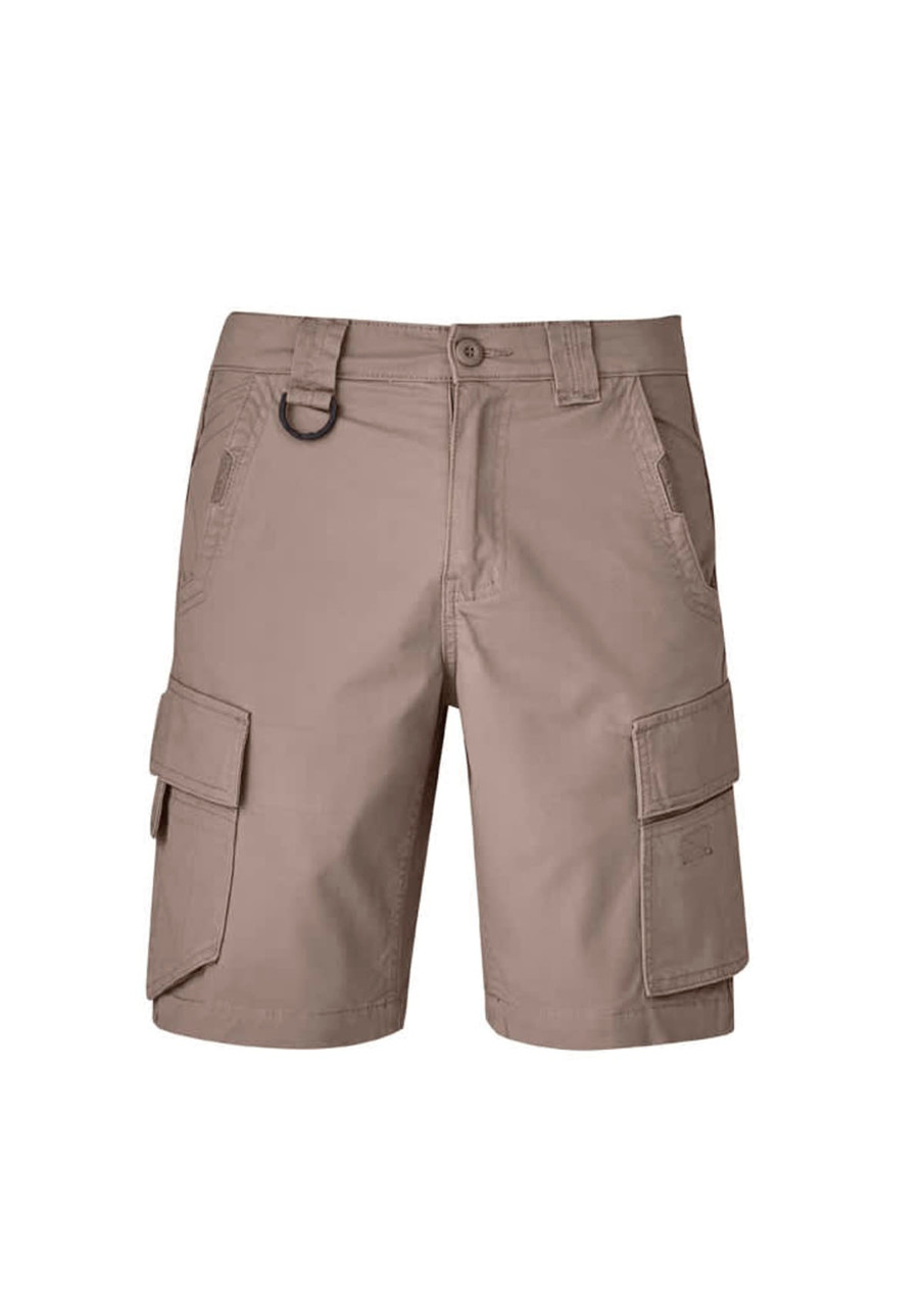 Curved cargo shorts in a light beige colour, featuring multiple pockets and a branding logo.