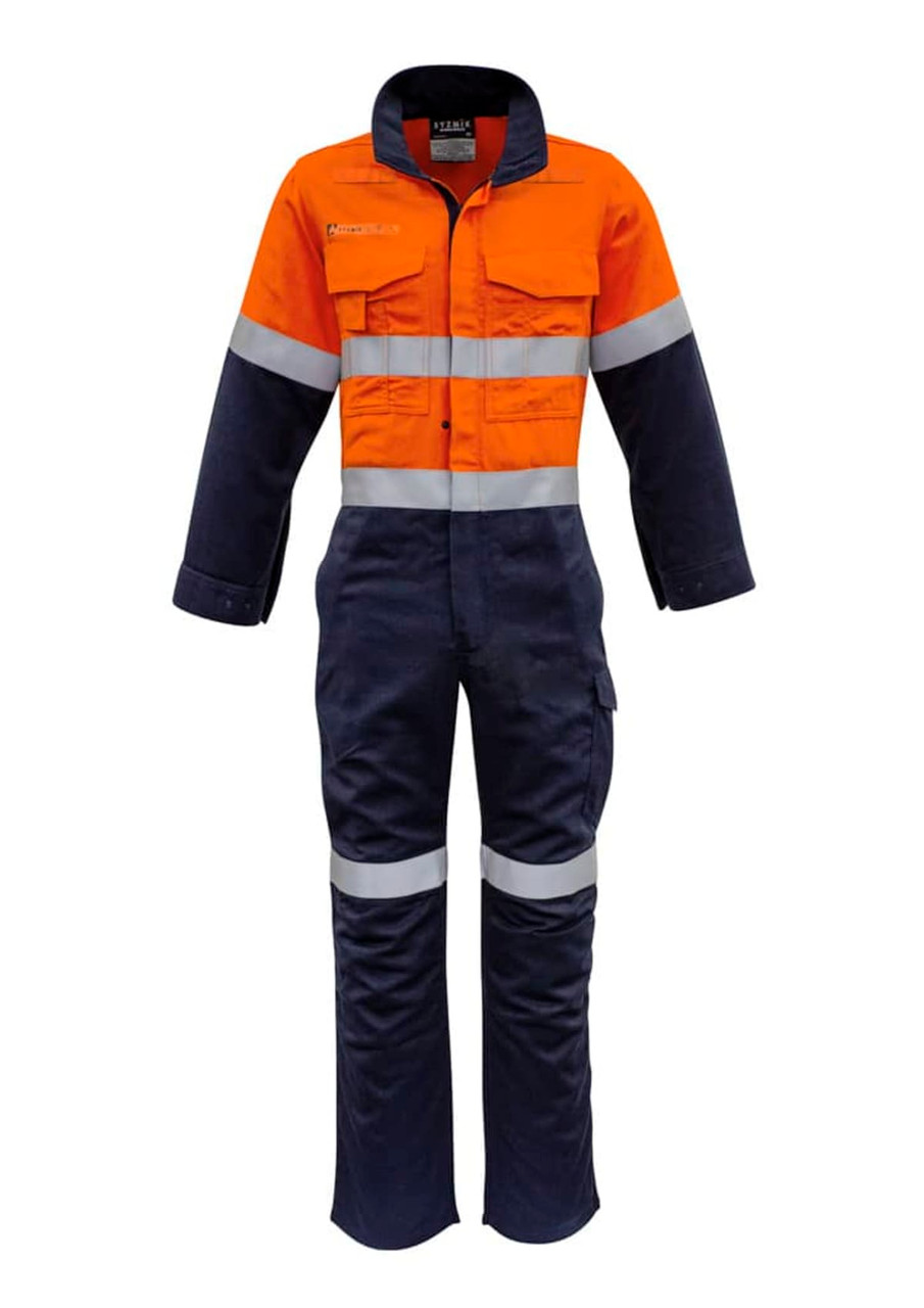An orange and navy overall designed for workwear, featuring hoop-taped reflective stripes and a logo.
