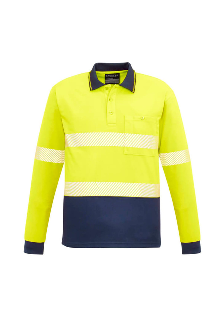 A hi-vis long sleeve polo shirt in bright yellow and navy, featuring segmented reflective tape and a pocket.