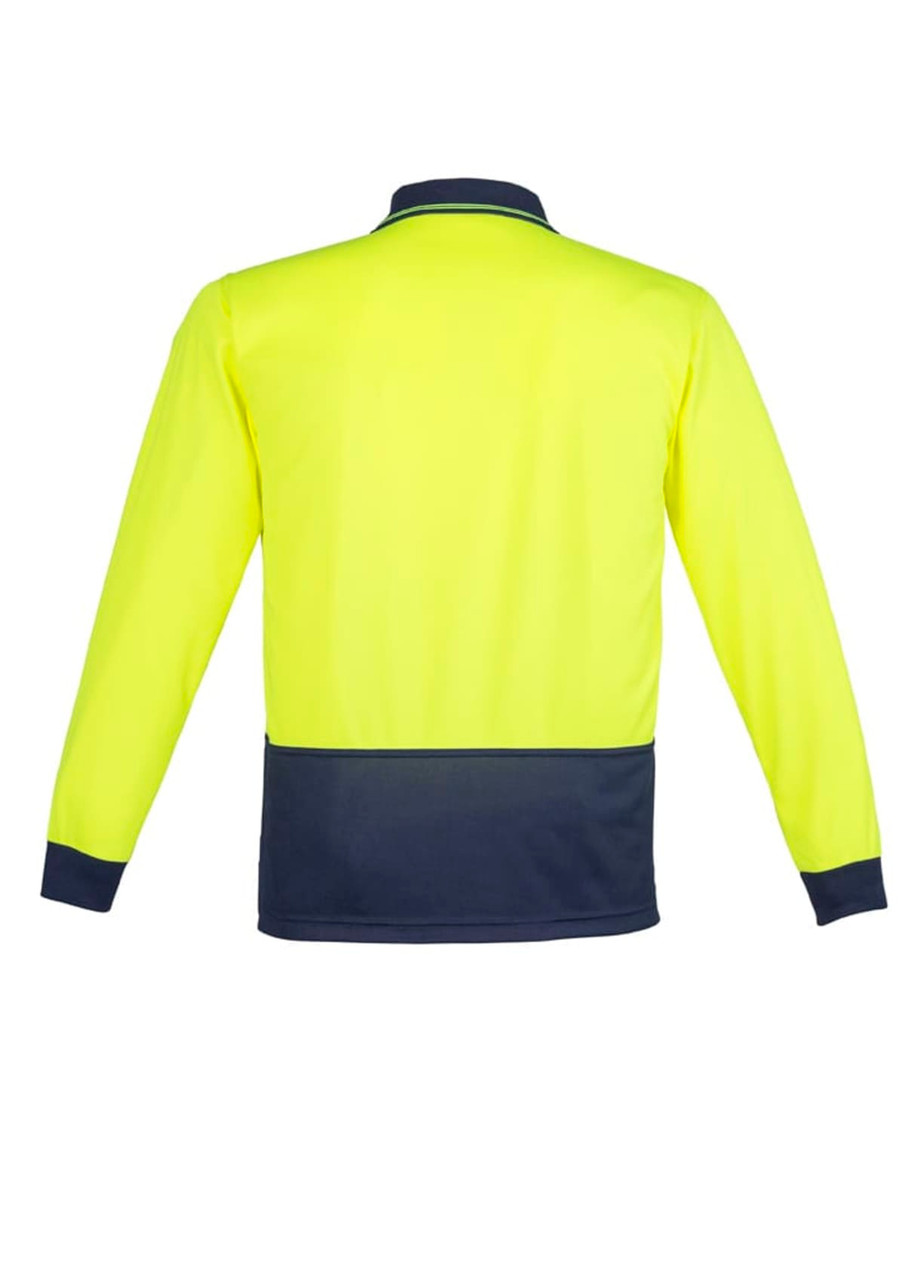 A long sleeve polo shirt in hi-vis yellow with a navy blue bottom trim and collar, featuring a logo.