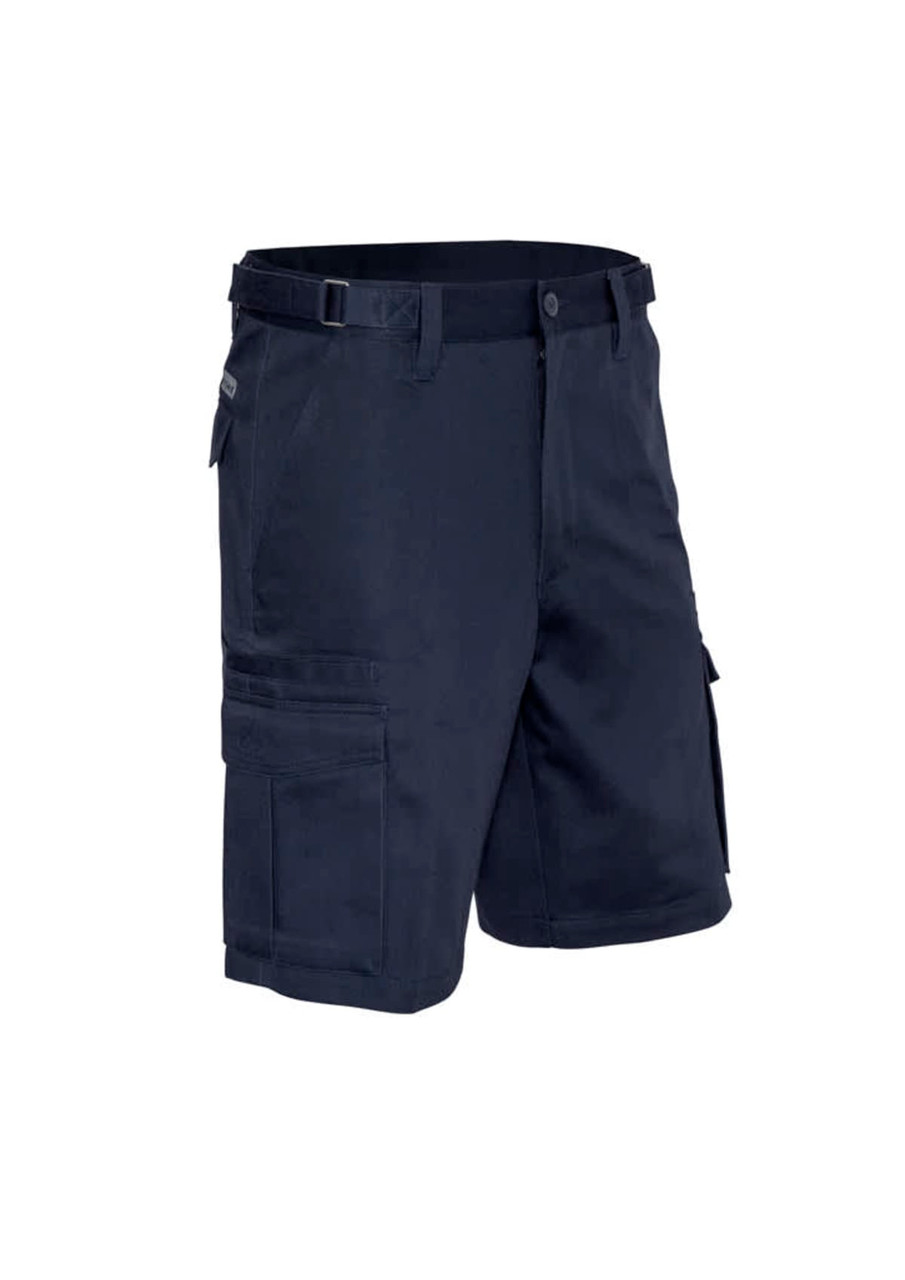 Men's basic cargo shorts in navy blue with multiple pockets and a logo. Ideal for casual wear.