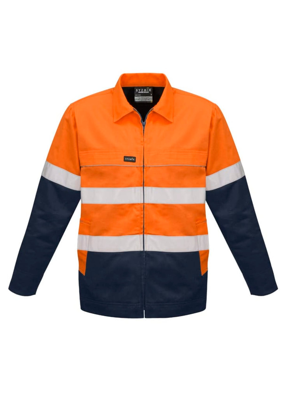 A high visibility cotton drill jacket in orange and navy, featuring reflective stripes and a logo.