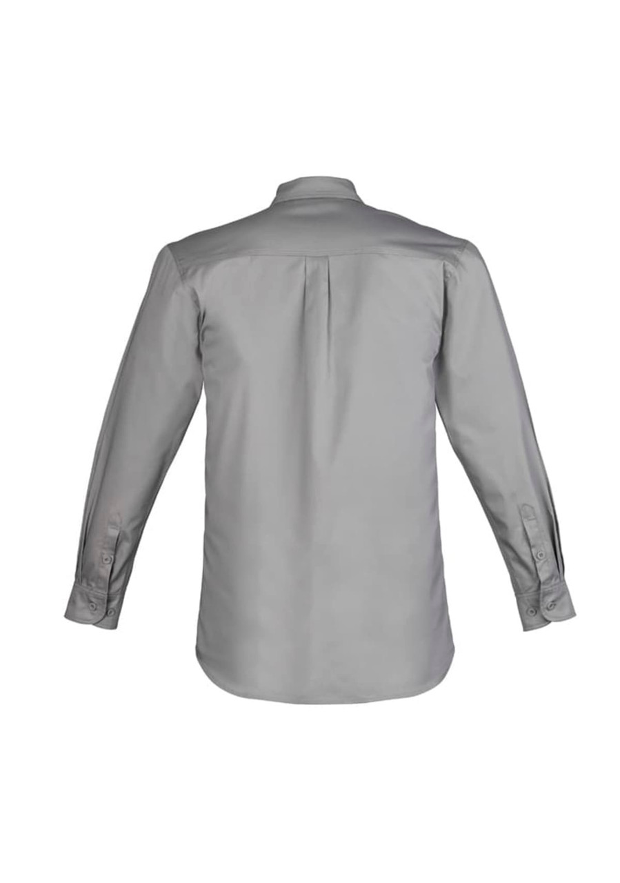 A grey long sleeve shirt with a plain back, featuring buttoned cuffs and a collar. Includes a logo.