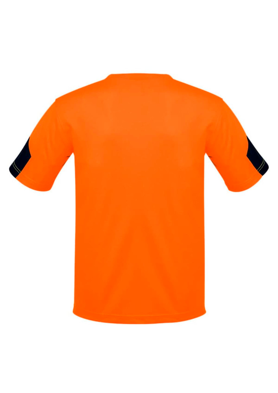 An orange hi-vis work t-shirt with black accents on the sleeves. It features a logo.