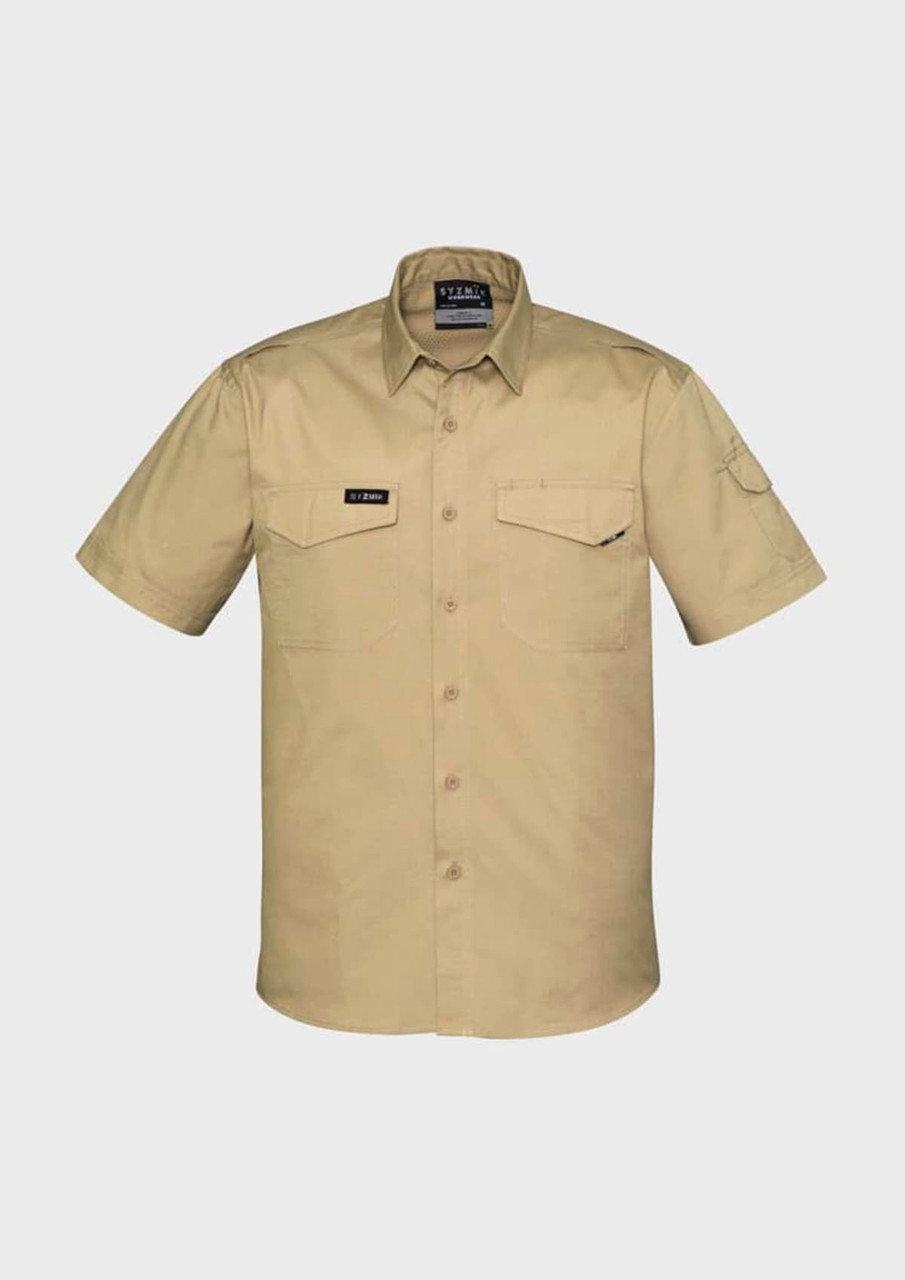 A short sleeve, rugged shirt in khaki with a logo, featuring two front pockets and a button-up design.