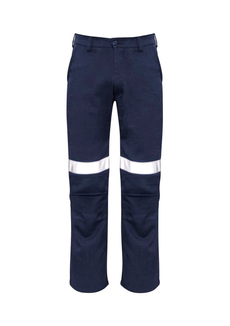 Men's navy work pants featuring reflective tape stripes and a traditional style. Designed for workwear use.
