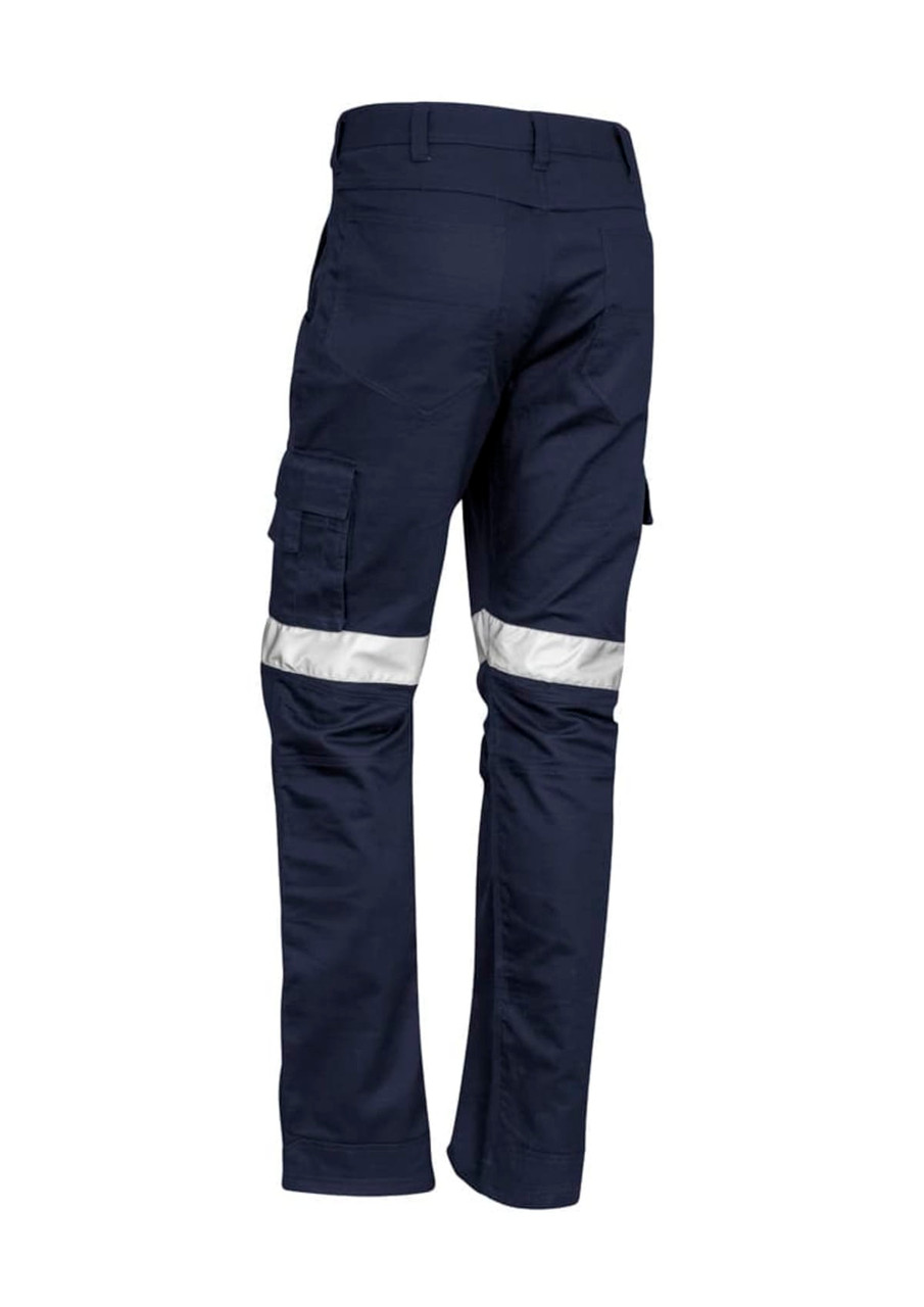 Men's rugged cooling taped pants in navy, featuring reflective tape and cargo pockets. The image shows the back view.