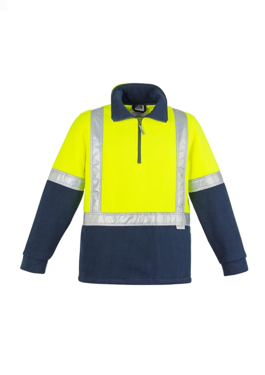 A unisex hi-vis polar fleece pullover in fluorescent yellow and navy, featuring reflective tape and a zippered neck.