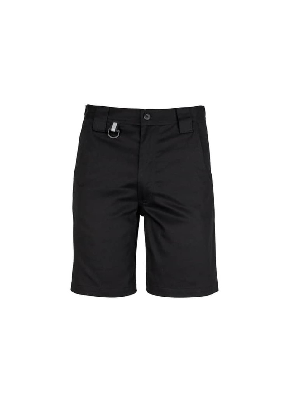 Plain black utility shorts featuring a front button and belt loop. Includes a logo on the waistband.