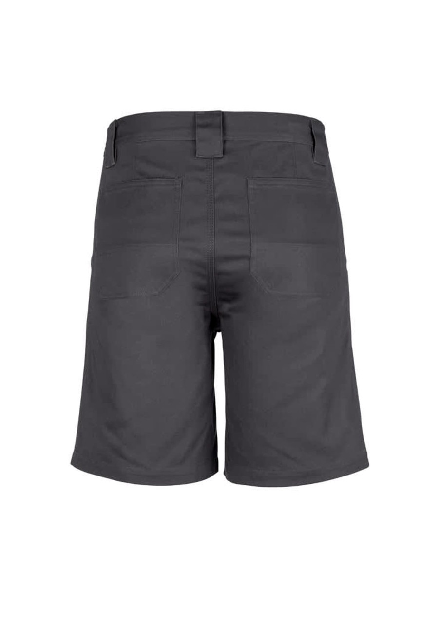 Men's plain utility shorts in dark grey, featuring back pockets and a waistband. Includes a logo on the waistband.