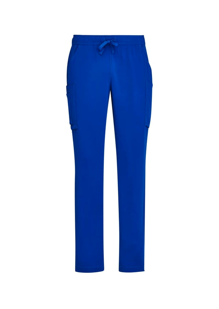Bright blue men's straight leg scrub pants with pockets and a drawstring waistband, featuring a logo.