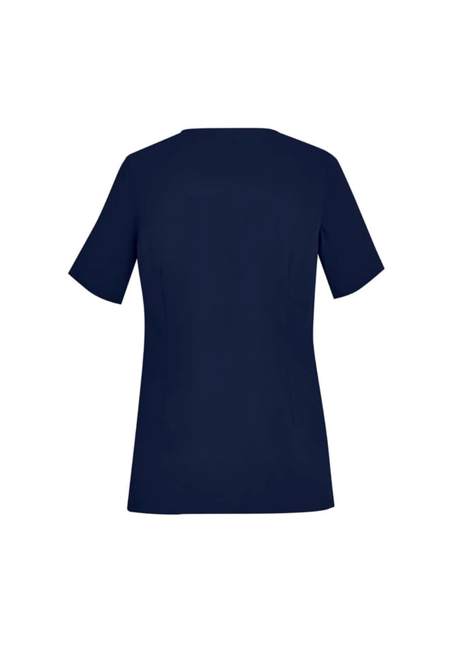 A navy women's scrub top with short sleeves and a round neck, featuring a logo.