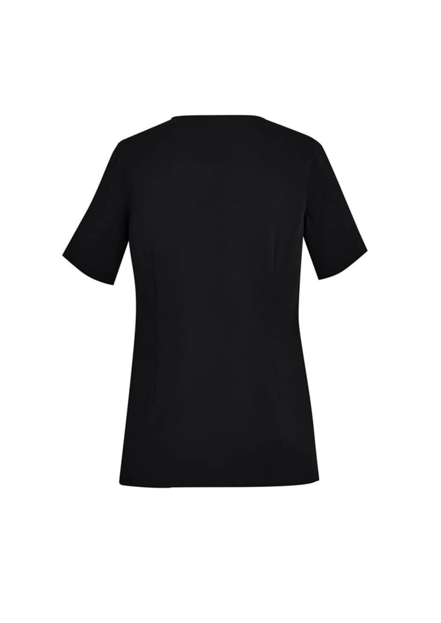 A black women's scrub top featuring short sleeves and a round neck, with a logo on the back.