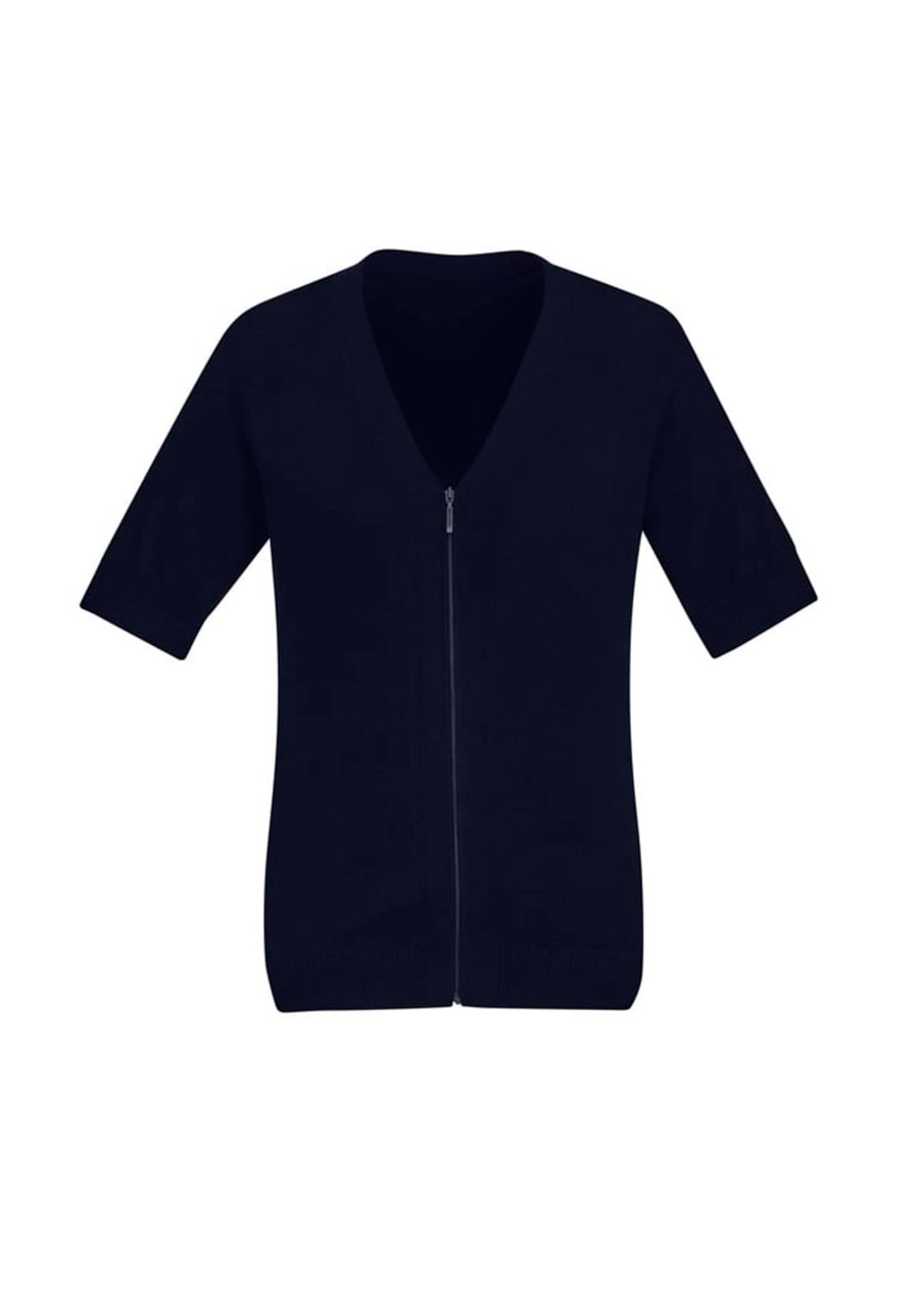 A navy short sleeve knit cardigan with a zip front and a V-neck design. It features a fitted hem and short sleeves.