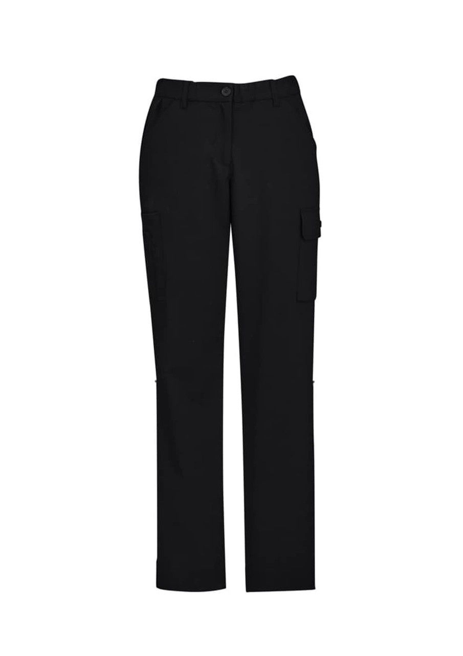 Black women's cargo pants featuring a comfortable waist and multiple pockets. The design includes a logo.