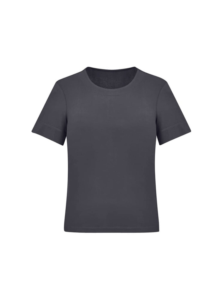 A short sleeve jersey top in dark grey with a round neckline, featuring a simple design and brand logo.