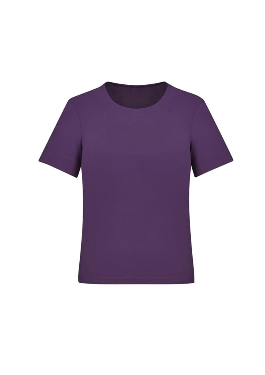 A purple short sleeve jersey top with a round neckline, featuring a simple design and a logo.