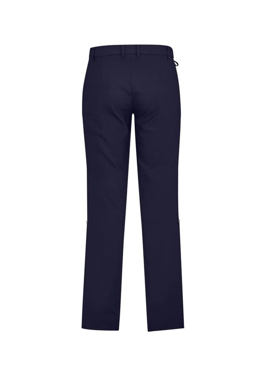 Navy blue flat front pants with a comfortable waist, featuring a logo on the back.