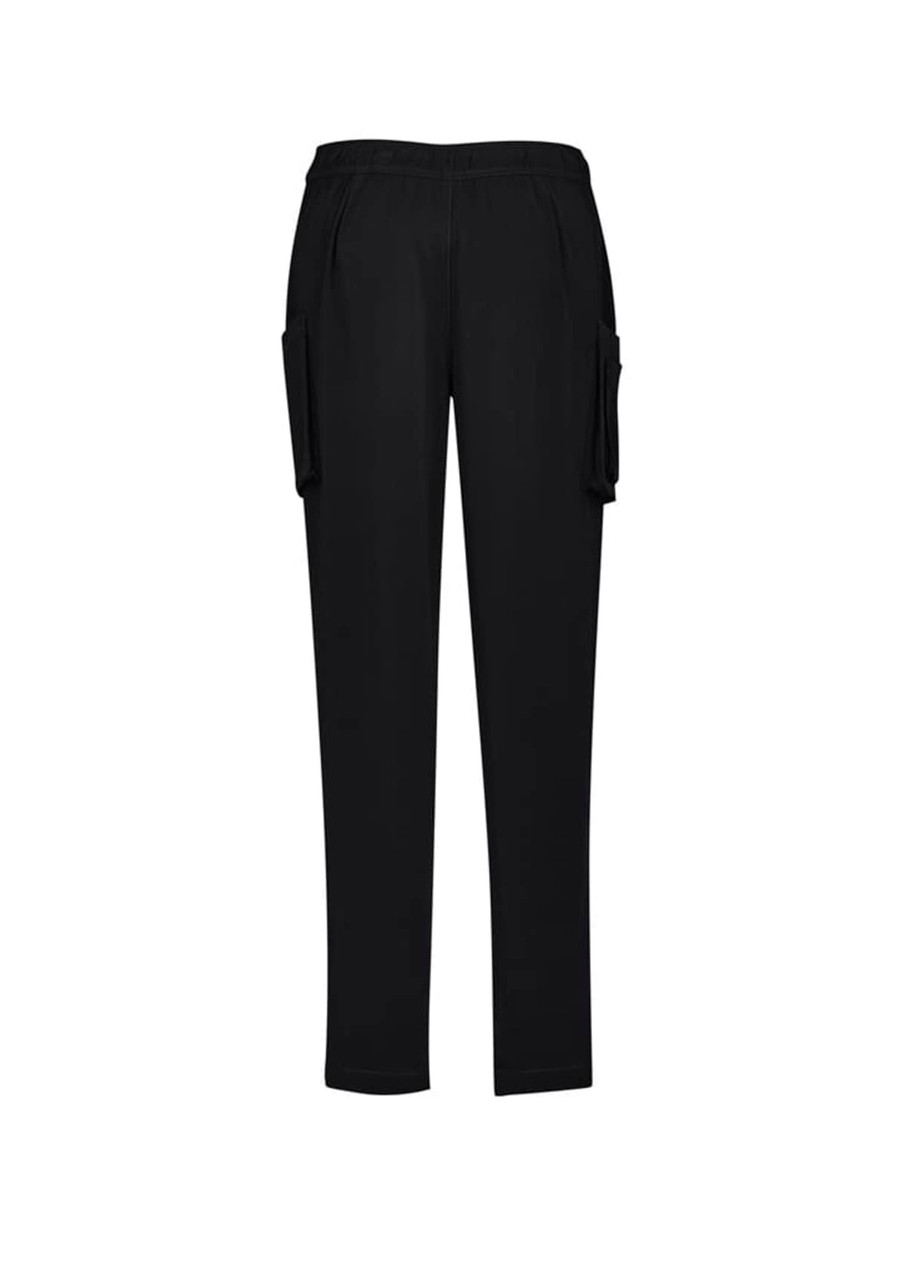 Slim leg scrub pants in black, featuring side pockets and an elastic waistband. Includes branding on the waistband.