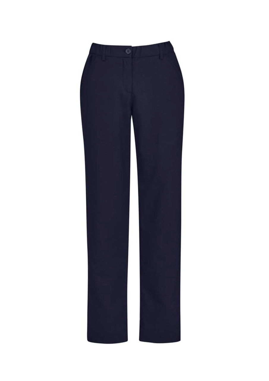 Navy women's straight leg pants with a comfort waist, featuring two front pockets and a button closure.